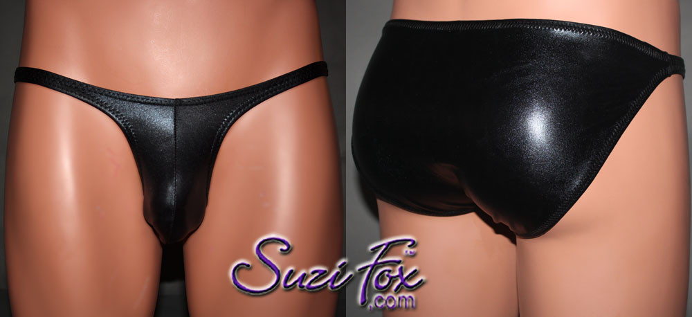 Mens Contoured Pouch Front, Wide Strap, Full Rear bikini - shown in Black Faux Leather Metallic Foil Spandex, custom made by Suzi Fox.
• Available in gold, silver, copper, gunmetal, turquoise, Royal blue, red, green, purple, fuchsia, black faux leather/rubber Metallic Foil or any fabric on this site.
• Standard front height is 6 inches (15.2 cm).
• Available in 4, 5, 6, 7, 8, 9, and 10 inch front heights.
• Wear it as swimwear OR underwear!
• Made in the U.S.A.