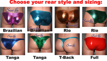 Choose your rear style!
Choose from Full Coverage Bikini, 3/4 (Brazilian) Coverage, 1/2 (Rio) Coverage, Tanga (1/4 Coverage), Gathered rear, or T-Back