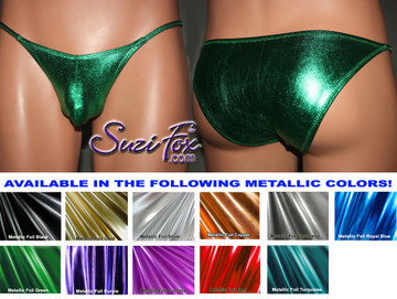 Mens Pouch Front, Skinny Strap, Rio Bikini - shown in Green Metallic Foil Spandex, custom made by Suzi Fox.
• Available in gold, silver, copper, gunmetal, turquoise, Royal blue, red, green, purple, fuchsia, black faux leather/rubber Metallic Foil or any fabric on this site.
• Standard front height is 6 inches (15.24 cm).
• Available in 4, 5, 6, 7, 8, 9, and 10 inch front heights.
• Wear it as swimwear OR underwear!
• Choose your pouch size!
• Made in the U.S.A.