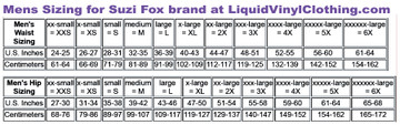 Mens Standard sizing chart for pants, shorts and swimwear