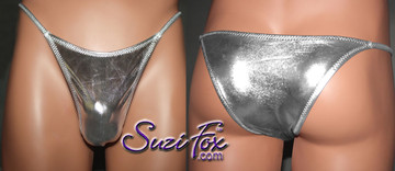 Mens Smooth Front, Skinny Strap, Rio Bikini - shown in Silver Metallic Foil Spandex, custom made by Suzi Fox.
• Available in gold, silver, copper, gunmetal, turquoise, Royal blue, red, green, purple, fuchsia, black faux leather/rubber Metallic Foil or any fabric on this site.
• Standard front height is 8 inches (20.3 cm).
• Available in 4, 5, 6, 7, 8, 9, and 10 inch front heights.
• Wear it as swimwear OR underwear!
• Made in the U.S.A.