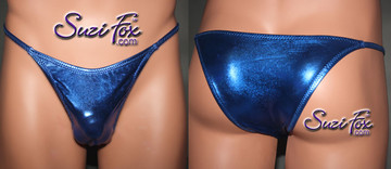 Mens Smooth Front, Skinny Strap, Rio Bikini - shown in Royal Blue Metallic Foil Spandex, custom made by Suzi Fox.
• Available in gold, silver, copper, gunmetal, turquoise, Royal blue, red, green, purple, fuchsia, black faux leather/rubber Metallic Foil or any fabric on this site.
• Standard front height is 7 inches (17.8 cm).
• Available in 4, 5, 6, 7, 8, 9, and 10 inch front heights.
• Wear it as swimwear OR underwear!
• Made in the U.S.A.