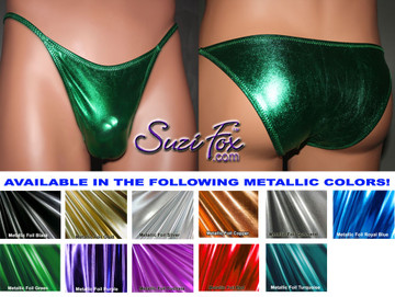 Mens Smooth Front, Skinny Strap, Rio Bikini - shown in Green Metallic Foil Spandex, custom made by Suzi Fox.
• Available in gold, silver, copper, gunmetal, turquoise, Royal blue, red, green, purple, fuchsia, black faux leather/rubber Metallic Foil or any fabric on this site.
• Standard front height is 8 inches (20.3 cm).
• Available in 4, 5, 6, 7, 8, 9, and 10 inch front heights.
• Wear it as swimwear OR underwear!
• Made in the U.S.A.