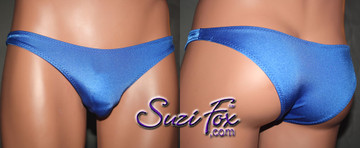 Mens Smooth Front, Wide Strap, Rio Bikini - shown in Royal Blue Milliskin Tricot Spandex, custom made by Suzi Fox.
• Available in black, white, red, royal blue, sky blue, turquoise, purple, green, neon green, hunter green, neon pink, neon orange, athletic gold, lemon yellow, steel gray Miilliskin Tricot spandex or any fabric on this site.
• Standard front height is 6 inches (15.24 cm).
• Available in 4, 5, 6, 7, 8, 9, and 10 inch front heights.
• Wear it as swimwear OR underwear!
• Made in the U.S.A.