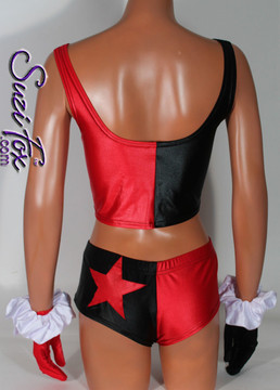 Harley Quinn Roller Derby style Tank Top shown in Black & Red Wetlook Lycra Spandex, custom made by Suzi Fox.
• Custom made to your measurements!
• choose your star and diamond placement.
• Optional front zipper.
Available in black, white, red, turquoise, navy blue, royal blue, hot pink, lime green, green, yellow, steel gray, neon orange Wet Look, and any other fabric on this site.
Made in the U.S.A.