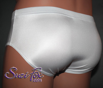 Mens Smooth Front, Brief Bikini , custom made by Suzi Fox - shown in White Wet Look Lycra Spandex. 1 inch elastic at the waist, elastic in the legs.
• Wear it as swimwear, underwear, or superhero briefs!
• Optional belt loops.
• You can choose any fabric on this site, including vinyl/PVC, Metallic Foil, Metallic Mystique, Wetlook Lycra Spandex, Milliskin Tricot Spandex. The vinyl/PVC is a latex alternative, great for people allergic to latex!
• Worldwide shipping.
• Made in the U.S.A.
We custom make every garment when you order it (including standard sizes).