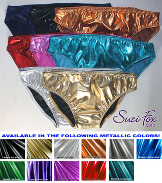 Custom Panties shown in Metallic Foil coated Spandex, custom made by Suzi Fox.
Custom made to your measurements!

• Wear it as swimwear or underwear!
• You can choose any fabric on this site, including vinyl/PVC, Metallic Foil, Metallic Mystique, Wetlook Lycra Spandex, Milliskin Tricot Spandex. The vinyl/PVC is a latex alternative, great for people allergic to latex!
• Worldwide shipping.
• Made in the U.S.A.
We custom make every garment when you order it (including standard sizes).