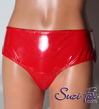 Gussett Panties, Hiphugger, shown in Gloss Red Vinyl/PVC Spandex, custom made by Suzi Fox.
Custom made to your measurements!
• Choose your front rise!
Available in black, white, red, navy blue, royal blue, turquoise, purple, Neon Pink, fuchsia, light pink, matte black (no shine), matte white (no shine), black 3D Prism, red 3D Prism, Turquoise 3D Prism, Baby Blue 3D Prism, and any other fabric on this site.
Made in the U.S.A.