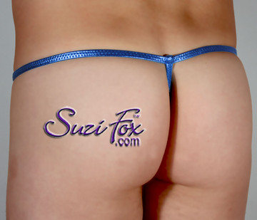 Men's Contoured Pouch G-String thong - shown in Royal Blue Metallic Foil Spandex, custom made by Suzi Fox.

5 inch tall front shown.
• Contours in the top sides for more exposure!
• Available in 3, 4, 5, 6, 7, 8, 9, and 10 inch front heights.
• Standard front height is 5 inches (12.7 cm) tall.
• Choose your pouch size!
• Wear as swimwear or underwear.
• You can choose any fabric on this site, including vinyl/PVC, Metallic Foil, Metallic Mystique, Wetlook Lycra Spandex, Milliskin Tricot Spandex. The vinyl/PVC is a latex alternative, great for people allergic to latex!
• Worldwide shipping.
• Made in the U.S.A.
We custom make every garment when you order it (including standard sizes).