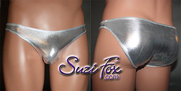 Men's Smooth Front, Wide Strap, Full rear coverage bikini- shown in Silver Metallic Foil Spandex, custom made by Suzi Fox.
• Available in gold, silver, copper, gunmetal, turquoise, Royal blue, red, green, purple, fuchsia, black faux leather/rubber Metallic Foil or any fabric on this site.
• Standard front height is 6 inches (15.24 cm) tall.
• Available in 4, 5, 6, 7, 8, 9, and 10 inch front heights.
• Wear it as swimwear OR underwear!
• Made in the U.S.A.