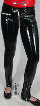 Womens 5 Zipper Leggings with crotch zipper, faux zippered pockets, and ankle zippers shown in Gloss Black Vinyl/PVC, by Suzi Fox.

• Choice of zippers.
• Choose any fabric on this site, including vinyl/PVC, metallic foil, metallic mystique, wetlook lycra Spandex, Milliskin Tricot Spandex. The vinyl/PVC is a latex alternative, great for people allergic to latex!
• Optional custom sizing.
• Plus size available.
• 1 inch elastic at the waist.
• Optional rear patch pockets.
• Optional belt loops.
• Worldwide shipping.
• Made in the U.S.A.