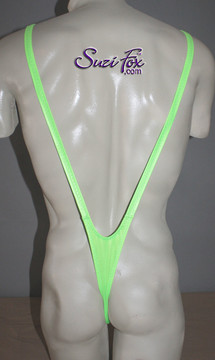 Men's Sling Thong Mankini Borat Style with Smooth Front, T-Back thong - shown in Neon Green Milliskin Tricot Spandex, custom made by Suzi Fox.
• Available in black, white, red, royal blue, navy blue, sky blue, turquoise, purple, green, neon green, hunter green, neon pink, neon orange, athletic gold, yellow, steel gray Miilliskin Tricot spandex. This is a 4-way extreme stretch fabric with a slight shine. Light, airy, thin, and very comfortable! Lighter colors might be slightly see through when wet.

• Also available in any fabric on this site.
• Front height is 7 inches (17.8 cm).
• Made in the U.S.A.