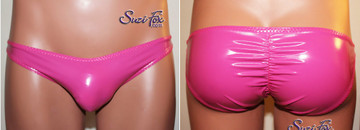 Mens Smooth Front, Wide Strap, Full Scrunched Back Bikini - shown in Gloss Neon Pink Vinyl/PVC Spandex, custom made by Suzi Fox.
• Available in black, white, red, navy blue, royal blue, turquoise, purple, Neon Pink, fuchsia, light pink, matte black (no shine), matte white (no shine), Vinyl/PVC or any fabric on this site.
• Standard front height is 5 inches (12.7 cm) tall.
• Available in 4, 5, 6, 7, 8, 9, and 10 inch front heights.
• Wear it as swimwear OR underwear!
• Made in the U.S.A.