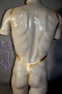 Mens One Piece T-back Thong Bodysuit shown in Gold Metallic foil Spandex, custom made by Suzi Fox.
• Custom made to your measurements.
• Smooth front, high leg hole, low back and t-back thong rear.
• Available in any fabric on this site.
• Made in the U.S.A.