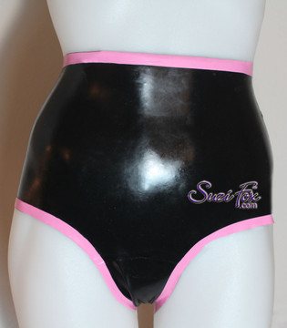 Latex Gussett Panties, waist high, shown in black latex with bubblegum pink trim, custom made by Suzi Fox.