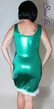 Custom Christmas Dress shown in green metallic mystique with white boa feathers with silver tinsel by Suzi Fox.
Also available in metallic foil green, or any fabric on this site!
Metallic Mystique is a 4-way stretch fabric with tiny small glittering metallic foil dots embedded in the fabric.
• Custom sizing available.
• Plus size available.
• Worldwide shipping.
• Made in the U.S.A.