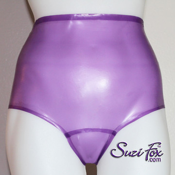 Latex Gussett Panties, shown in purple transparent Latex Rubber, 33mm, custom made by Suzi Fox. Shown in waist high, but available in hiphugger and low rise.