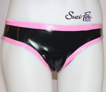 Latex Gussett Panties, shown in shined black Latex with hot pink latex trim, custom made by Suzi Fox. Low Rise shown.