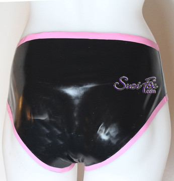 Latex Gussett Panties, shown in shined black Latex with hot pink latex trim, custom made by Suzi Fox. Hiphugger shown.