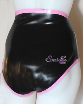 Latex Gussett Panties, shown in black Latex with hot pink latex trim, custom made by Suzi Fox. Waist high shown.