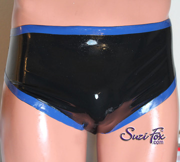 (Shined) Men's Smooth Front Underwear Brief, custom made by Suzi Fox
shown in Black with blue trim, 50mm Latex Rubber.