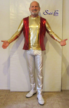 Mens Reversible Vest shown in Red and Gold Metallic Foil coated Spandex, custom made by Suzi Fox. Shown with gold metallic foil mens long sleeve t-shirt, and Mens Jean Style Pants in Silver metallic foil.
• Choose any fabric on this site, including vinyl/PVC, metallic foil, metallic mystique, wetlook lycra Spandex, Milliskin Tricot Spandex. The vinyl/PVC is a latex alternative, great for people allergic to latex!
• Custom sizing available.
• Plus size available.
• Worldwide shipping.
• Made in the U.S.A.
Our thanks to Robert Strong, professional piano player, for these awesome pictures!