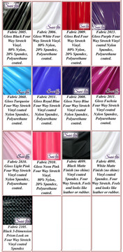 Gloss, Matte (no shine), and 3D Prism Vinyl/PVC. 
Four Way Stretch.
80% Nylon, 20% Spandex. 
Polyurethane coated spandex. This fabric is very tight, 4-way stretch with about a 2" stretch. It will hide minor cellulite and hold in small love handles. Vinyl will separate from backing if worn too tight or if rubbed excessively. If you like PVC, you will LOVE this fabric! It's also a great alternative to latex. 

Available in black, white, red, navy blue, royal blue, turquoise, purple, Neon Pink, fuchsia, light pink, matte black (no shine), matte white (no shine), black 3D Prism Vinyl/PVC.

Hand wash inside out in cold water, line dry. Do not scrub. Iron inside out on low heat. Do not bleach.