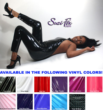 Custom Halter Top Catsuit by Suzi Fox shown in gloss black stretch vinyl/pvc coated spandex.
• Available in any fabric on this site, including vinyl/PVC, metallic foil, mystique, wetlook lycra Spandex, Milliskin Tricot Spandex.
• Optional Custom Sizing.
• Plus size available.
• Optional ankle zippers.
• Worldwide shipping.
• Made in the U.S.A.