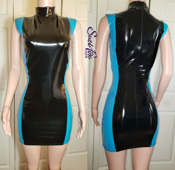 Two Tone Dress shown in black and turquoise gloss vinyl/pvc by Suzi Fox