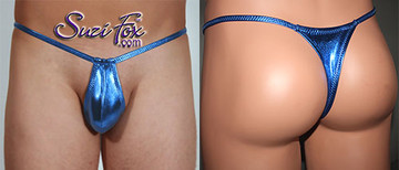 Men's Teardrop pouch, T-back thong, shown in Royal Blue metallic foil coated spandex, custom made by Suzi Fox.
• Available in any fabric on this site.
• Standard front height is 5 inches (12.7 cm) tall.
• Available in 3, 4, 5, 6, 7, 8, 9, and 10 inch front heights.
• Choose your pouch size!
Made in the U.S.A.