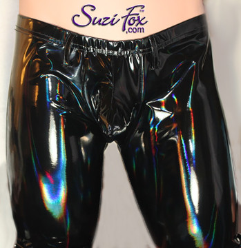 Pouch Front pants, shown in stretch Holographic Vinyl/PVC coated spandex, custom made by Suzi Fox.
• 1 inch elastic at the waist.
• Choose any fabric on this site, including vinyl/PVC, metallic foil, metallic mystique, wetlook lycra Spandex, Milliskin Tricot Spandex.
• Free custom sizing!
• Choose your pouch size!
• Optional rear patch pockets.
• Optional belt loops.
• Optional ankle zippers.
• Worldwide shipping.
• Crafted in the U.S.A.
We custom make every garment when you order it (including standard sizes).