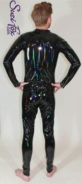 Pouch Front pants, shown in stretch Holographic Vinyl/PVC coated spandex, custom made by Suzi Fox.
• 1 inch elastic at the waist.
• Choose any fabric on this site, including vinyl/PVC, metallic foil, metallic mystique, wetlook lycra Spandex, Milliskin Tricot Spandex.
• Free custom sizing!
• Choose your pouch size!
• Optional rear patch pockets.
• Optional belt loops.
• Optional ankle zippers.
• Worldwide shipping.
• Crafted in the U.S.A.
We custom make every garment when you order it (including standard sizes).