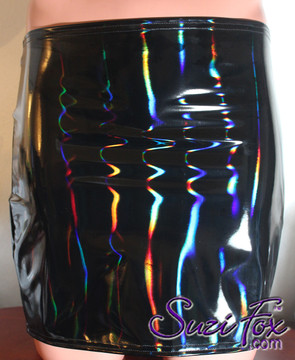 Hiphugger Mini Skirt shown in Holographic Gloss Black Vinyl/PVC Spandex, custom made by Suzi Fox.
This skirt is worn on the hip, not the waist. Brilliant colors on gloss black that change in the light!

• Choose any fabric on this site, including vinyl/PVC, metallic foil, metallic mystique, wetlook lycra Spandex, Milliskin Tricot Spandex. The vinyl/PVC is a latex alternative, great for people allergic to latex!
• Custom sizing available
• Plus size available
• Worldwide shipping.
• Made in the U.S.A.