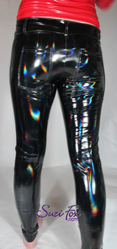 Custom Jean style Leggings shown in Holographic Black Gloss Vinyl/PVC coated Nylon Spandex, by Suzi Fox. This fabric has incredible color that changes in the light. Laser Light Show effect on our gloss black vinyl/pvc coated spandex.

• Waistband with button.
• Fly front with zipper.
• Choose any fabric on this site, including vinyl/PVC, metallic foil, metallic mystique, wetlook lycra Spandex, Milliskin Tricot Spandex. The vinyl/PVC is a latex alternative, great for people allergic to latex!
• Optional custom sizing.
• Plus size available.
• 1 inch elastic at the waist.
• Optional rear patch pockets.
• Optional belt loops.
• Optional ankle zippers.
• Worldwide shipping.
• Made in the U.S.A.