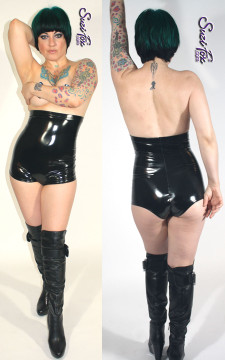 Underbust Cheeky Peeker Booty Shorts shown in Black Vinyl/PVC Spandex, custom made by Suzi Fox. Enhances the rear butt cheeks.