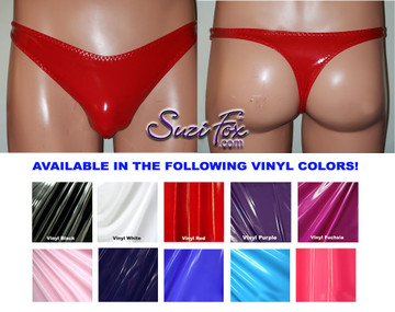 Men's Smooth Front, Wide Strap, T-Back thong - shown in Red Vinyl/PVC coated Spandex, custom made by Suzi Fox.
• Available in any fabric on this site.
• Standard front height is 7 inches (17.8 cm).
• Available in 3, 4, 5, 6, 7, 8, 9, and 10 inch front heights.
• Wear it as swimwear OR underwear!
• Made in the U.S.A.