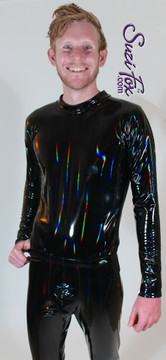 Mens Long Sleeve Tee Shirt shown in Holographic Black Vinyl/PVC Spandex, custom made by Suzi Fox.