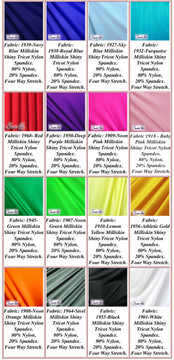 Milliskin Tricot Spandex Fabric.
Available in black, white, red, royal blue, navy blue, sky blue, turquoise, purple, lilac, green, neon green, hunter green, fuchsia, baby pink, neon pink, neon orange, athletic gold, yellow, steel gray Miilliskin Tricot spandex. This is a 4-way extreme stretch fabric with a slight shine. Light, airy, thin, and very comfortable! Lighter colors might be slightly see through when wet.
Hand wash inside out in cold water, line dry. Iron inside out on low heat. Do not bleach.