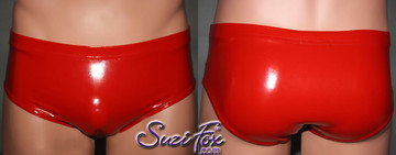 Men's Smooth Front, Brief Bikini, custom made by Suzi Fox
shown in Red stretch Vinyl/PVC coated spandex.
Available in gloss black, white, red, navy blue, royal blue, turquoise, neon pink, light pink, fuchsia, purple, matte black (no shine), matte white (no shine).
1 inch elastic at the waist.
Made in the U.S.A.