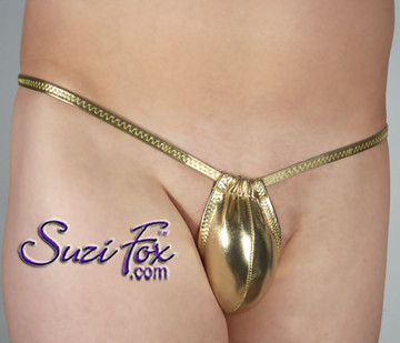 Mens Custom Jockstrap with adjustable pouch by Suzi Fox. Shown in Gold metallic foil