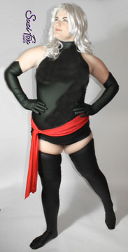 Open shoulder (Raglan sleeveless)  Leotard  shown in Matte (no shine) Black Vinyl/PVC, custom made by Suzi Fox