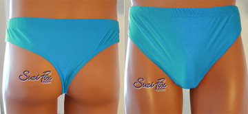 T-Back brief by Suzi Fox. 
shown in Turquoise Milliskin Tricot Spandex.
1 inch elastic at the waist, elastic in the legs.
• Wear it as swimwear, or underwear!
• Plus size available.
• You can choose any fabric on this site, including vinyl/PVC, Metallic Foil, Metallic Mystique, Wetlook Lycra Spandex, Milliskin Tricot Spandex. The vinyl/PVC is a latex alternative, great for people allergic to latex!
• Worldwide shipping.
• Made in the U.S.A.
We custom make every garment when you order it (including standard sizes).