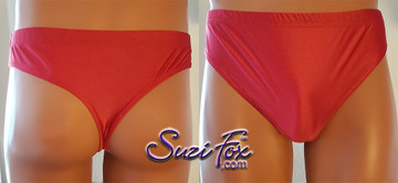 T-Back brief by Suzi Fox. 
shown in Red Milliskin Tricot Spandex.
1 inch elastic at the waist, elastic in the legs.
• Wear it as swimwear, or underwear!
• Plus size available.
• You can choose any fabric on this site, including vinyl/PVC, Metallic Foil, Metallic Mystique, Wetlook Lycra Spandex, Milliskin Tricot Spandex. The vinyl/PVC is a latex alternative, great for people allergic to latex!
• Worldwide shipping.
• Made in the U.S.A.
We custom make every garment when you order it (including standard sizes).