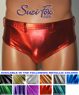 Men's Smooth Front, Brief Bikini, custom made by Suzi Fox
shown in Red metallic foil coated spandex
shown with optional belt loops.
Available in gold, silver, copper, royal blue, purple, turquoise, red, green, fuchsia, gunmetal, black rubber/leather look.
1 inch elastic at the waist.
Optional belt loops and rear patch pockets available.
Made in the U.S.A.