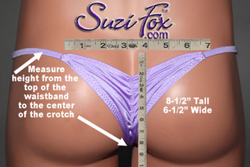 SAMPLE CUSTOM REAR SIZING:
Measure the height from the top of the waistband to the center of the crotch.
This example is 8.5" tall, 6.5" wide.
