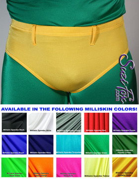 Men's Smooth Front, Brief Bikini, custom made by Suzi Fox
shown in Athletic Gold Milliskin Tricot spandex
shown with optional belt loops.
Available in black, white, red, navy blue, royal blue, sky blue, turquoise, green, neon green, hunter green, neon pink, neon orange, athletic gold, yellow, steel gray, purple.
1 inch elastic at the waist.
Optional belt loops and rear patch pockets available.
Made in the U.S.A.