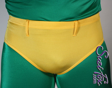 Men's Smooth Front, Brief Bikini, custom made by Suzi Fox
shown in Athletic Gold Milliskin Tricot spandex
shown with optional belt loops.
Available in black, white, red, navy blue, royal blue, sky blue, turquoise, green, neon green, hunter green, neon pink, neon orange, athletic gold, yellow, steel gray, purple.
1 inch elastic at the waist.
Optional belt loops and rear patch pockets available.
Made in the U.S.A.