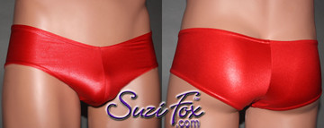 Men's 'V', Pouch Front, Hot Pants Bikini, custom made by Suzi Fox - shown in Red Wet Look Lycra Spandex. Available in black, white, red, Navy blue, Royal blue, Hot Pink, Lime green, green, yellow, Neon Orange, turquoise, Steel Gray. Choose your pouch size! Made in the U.S.A.