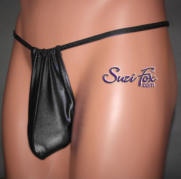 Men's Adjustable Pouch, Gathered Rio Bikini, shown in Black Wet Look Lycra Spandex, custom made by Suzi Fox. Make the front thinner or wider for more coverage! Gathered rear accentuates the butt!
• Standard front height is 8 inches (20.3 cm) tall.
• Available in 3, 4, 5, 6, 7, 8, 9, and 10 inch front heights.
• Choose your pouch size. See pictures section for instructions on how to measure.
• Lining is optional.
• Wear it as swimwear OR underwear!
• You can choose any fabric on this site, including vinyl/PVC, Metallic Foil, Metallic Mystique, Wetlook Lycra Spandex, Milliskin Tricot Spandex. The vinyl/PVC is a latex alternative, great for people allergic to latex!
• Worldwide shipping.
• Made in the U.S.A.