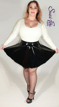 Circle/Skater Skirt shown in Gloss Black Vinyl/PVC Spandex, custom made by Suzi Fox.

• Choose any fabric on this site, including vinyl/PVC, metallic foil, metallic mystique, wetlook lycra Spandex, Milliskin Tricot Spandex. The vinyl/PVC is a latex alternative, great for people allergic to latex!
• Custom sizing available
• Plus size available
• Worldwide shipping.
• Made in the U.S.A.